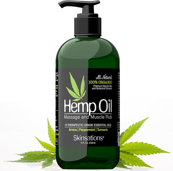 Skinsations Hemp Massage Oil & Sore Muscle Rub, 100% Organic with 10 Essential Oils