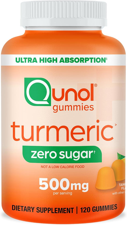 Qunol Zero Sugar Turmeric Gummies, 120 Count with 500mg Turmeric Curcumin for Joint Support