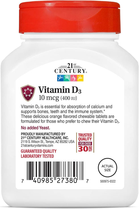 21st Century D3 400 IU Orange Chewable Tablets, 110 Count, Gluten Free (Pack of 3)