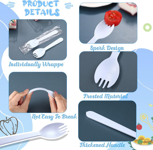 Tioncy 150 Pcs Disposable Plastic Sporks, Individually Wrapped 2 in 1 Fork and Spoon Set for Parties