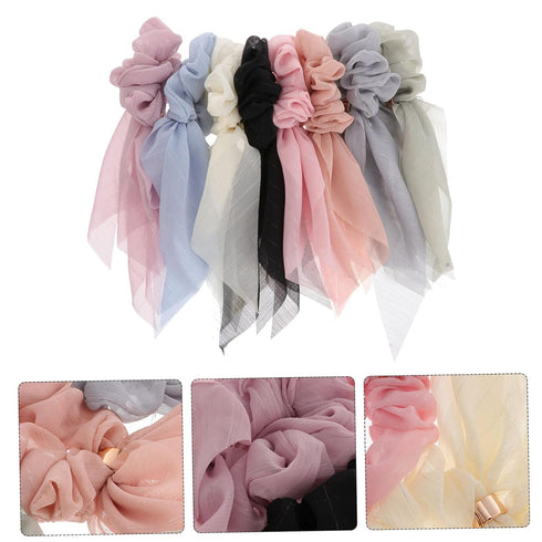 VALICLUD 8PCS Double Layer Bowknot Chiffon Hair Scarf Scrunchies - Elastic Ribbon Hair Ties for Women and Girls