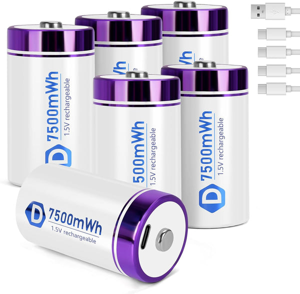seyyen Rechargeable Lithium D Batteries with 4 in 1 USB-C Charge Cables,6 Pack