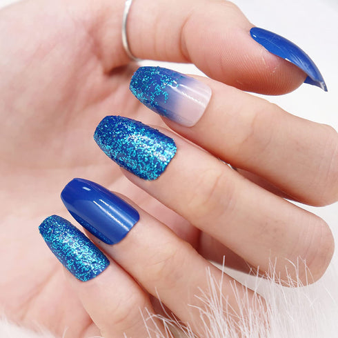 MISUD Press on Nails - Medium Coffin Glue on Nails, Blue Ombre, Acrylic Bling Glitter Design, 24 pcs