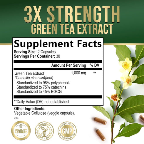 Green Tea Extract Weight Loss Pills 1000mg 98% Standardized EGCG - 3X Strength for Natural Energy - Supports Heart Antioxidant Health with Polyphenols, Vegan Herbal Supplement, Non-GMO - 60 Capsules