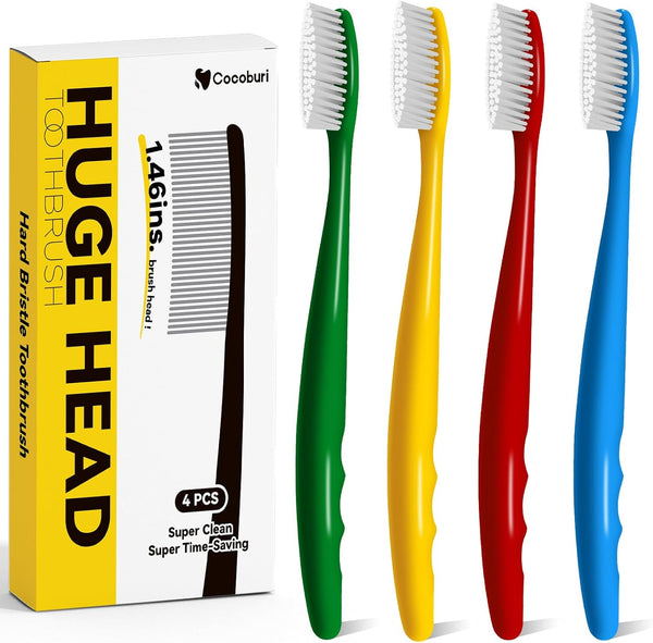 Huge Head Hard Toothbrushes for Adults, Firm Bristles, BPA Free Oral Care, 4 Packs