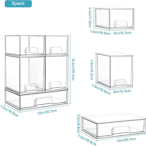Vtopmart Stackable Storage Drawers Set of 5 - Clear Plastic Organizer Bins for Beauty Supplies