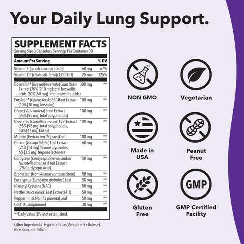 Lung Capaci-T Respiratory Support Supplement - 90 Capsules with CoQ10, N-Acetyl Cysteine