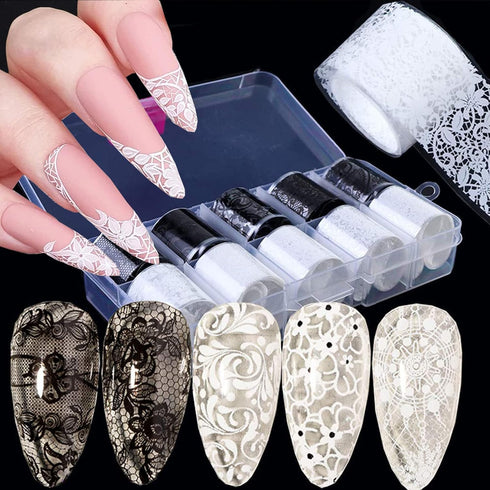 Holographic Nail Foil Transfer Stickers, Black White Lace Laser Foils for Nail Art Supplies, 10 Rolls