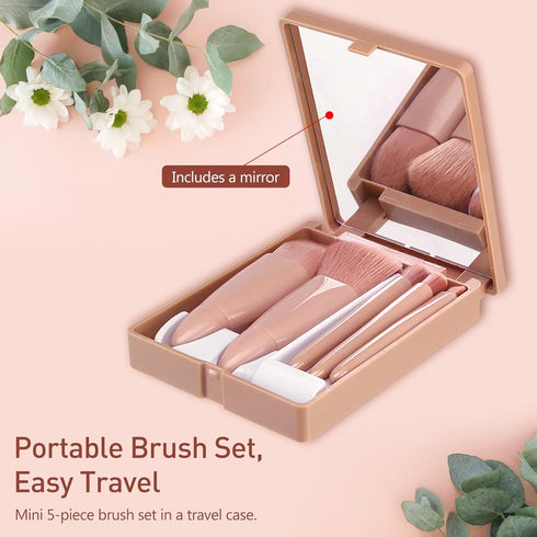 Pink Travel Makeup Brush Set with Mirror, 5 Pcs Mini Complete Cosmetic Brushes Kit (4.2 inch * 3.0 inch)