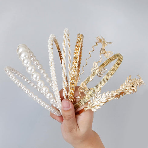 WOVOWOVO Pearl Headbands for Women, 8 Pack White Faux Pearls Hairband, Gold Metal Headband for Bridal Accessories