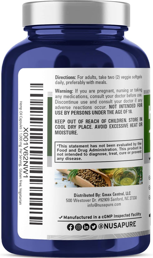 NusaPure Hemp Oil Capsules, 1,000mg Per Serving, 180 Non-GMO Veggie Softgels