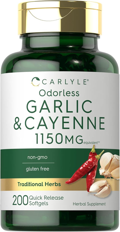 Carlyle Garlic and Cayenne 1150mg | 200 Softgels | Non-GMO, Gluten Free Dietary Supplement