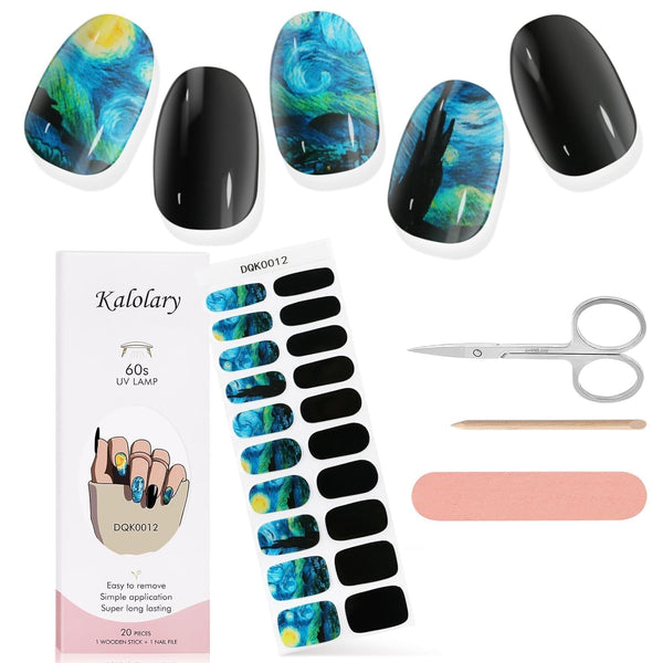 Kalolary Semi Cured Gel Nail Stickers, Starry Night Sky Full Wrap Nail Gel Polish Strips, Brighter Adhesive (UV/LED