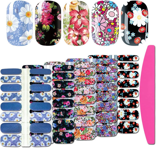 SILPECWEE Flower Nail Polish Strips | 5 Sheets Self Adhesive Nail Stickers with Nail File