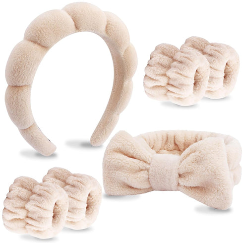 VELSCRUN 6 Pack Makeup Headband Set, Brown Sponge Hair Band Bow Tie Spa Headbands for Women
