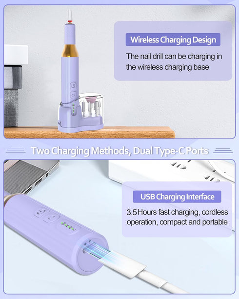 Nail Drill, Cordless Electric Files for Gel Nails, Rechargeable Wireless Efile Manicure Kit for Women