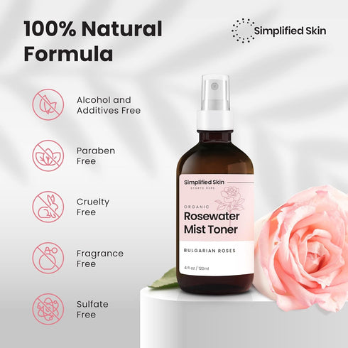 Simplified Skin Rose Water Spray - 100% Natural Organic Face Toner & Makeup Remover, Hydrating Beauty Mist, 4 oz, 2 Pack