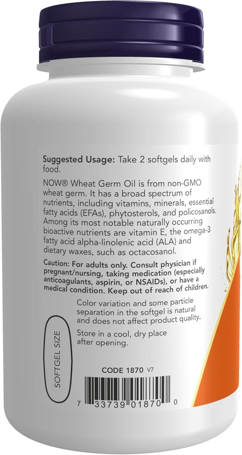 NOW Supplements Wheat Germ Oil 1,130 mg with Essential Fatty Acids | Nutritional Oil | 100 Softgels