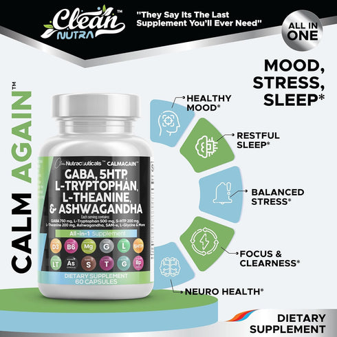 Clean Nutraceuticals GABA 750mg - Mood Support Vitamins with 5 HTP, L Tryptophan, Ashwagandha & More