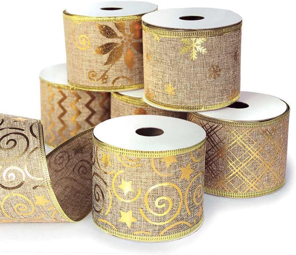 Gold Wired Christmas Tree Ribbon, 2.5 Inch Burlap, 6 Rolls 36 Yards Metallic Glitter Crafts for Gift Wrapping, Bows,
