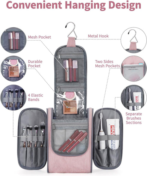 Narwey Small Hanging Toiletry Bag - Women Travel Makeup Organizer for Toiletries and Cosmetics (Medium, Pink)