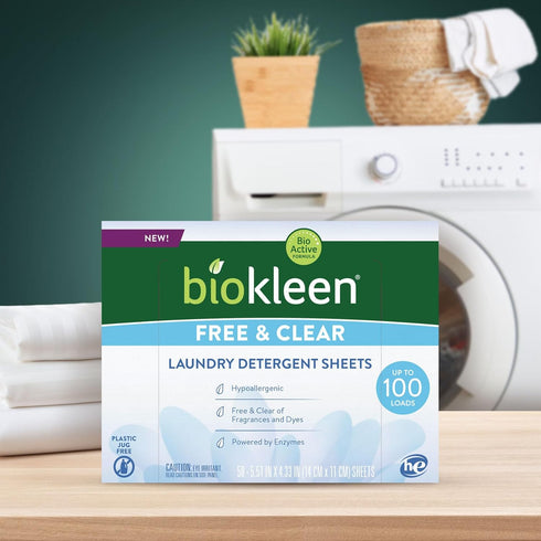 Biokleen Laundry Detergent Sheets, Free & Clear, Hypoallergenic Enzymatic Cleaning, 50 Sheets, 100 Loads