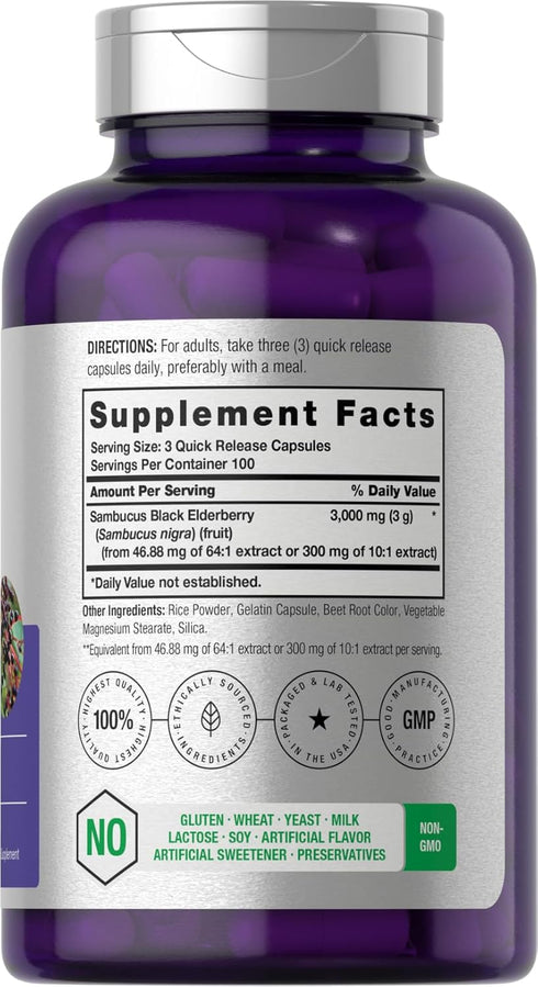 Horbaeach Black Elderberry | 3000mg Capsules | 300 Count | Non-GMO, Gluten Free | Sambucus Supplement
