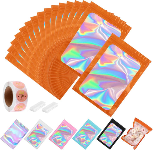 150-pack 6 x 9 in Holographic Mylar Bags with Clear Window, Resealable Foil Pouches for Food Storage, Smell Proof