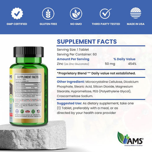 America Medic & Science 50 mg Chelated Zinc Supplements (60 Tablets) | Immune Booster, Antioxidant, Mood & Sleep Support