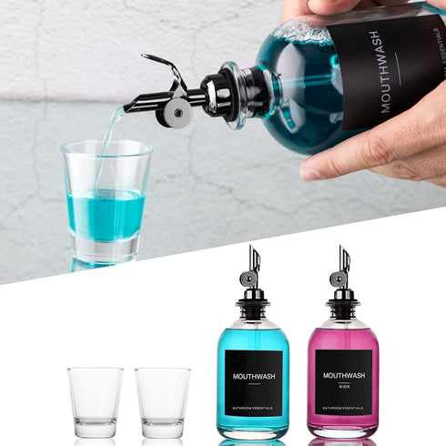 Black Glass Mouthwash Dispenser with Cups, 12.7 oz, 2 Pack, Clear Bottle with Stainless Steel Spout for Bathroom