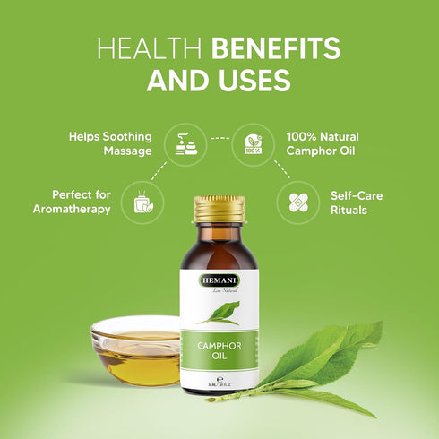 Hemani 30ml (1 Oz) 100% Camphor Oil Fl - Pure Steam Distilled | Cinnamomum Camphora | Natural Aromatic Oil for Massage