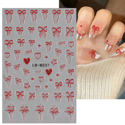 Heart Bows Nail Art Stickers Decals, 4 Pcs, White Red Pink Bow Tie Nail Design, Valentine's Day Nail Supplies