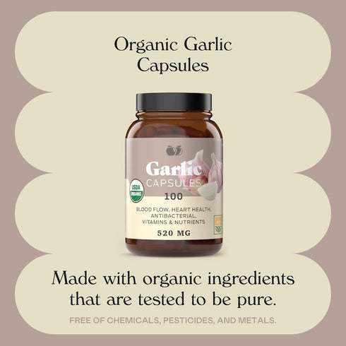 Complete Natural Products Organic Garlic Capsules 100 Count, 520mg Vegetarian Pills Supplement, Garlic Powder & Extract