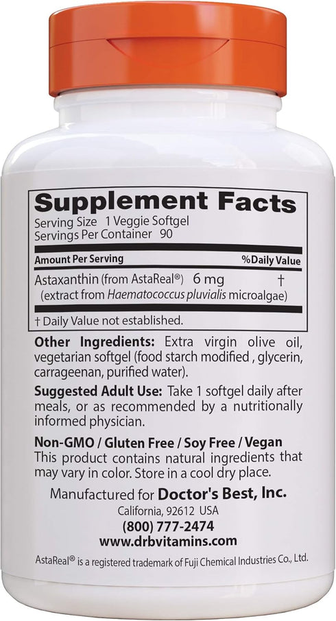 Doctor's Best Astaxanthin, Powerful Antioxidant for Skin and Eye Health, Non-GMO, Vegan, 6 mg, 90 VSG