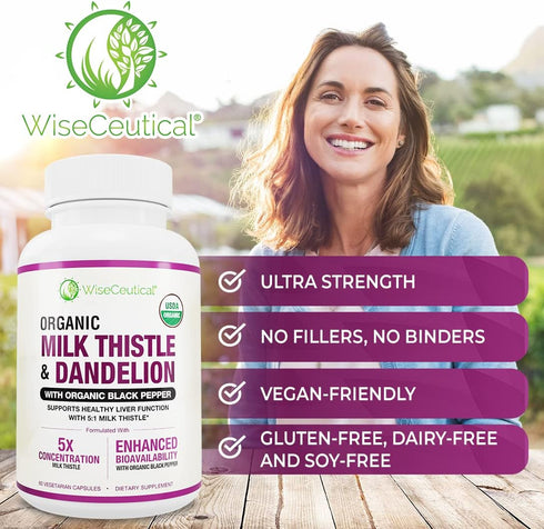 Max Absorption USDA Organic Milk Thistle - Potent 5:1 Concentrated Extract (2000mg Strength) & Organic Dandelion Root,