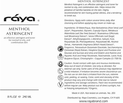 RAYA Menthol Astringent 6 oz (203) | Effective Facial Toner for Combination and Oily Skin | Cools, Refreshes, Soothes
