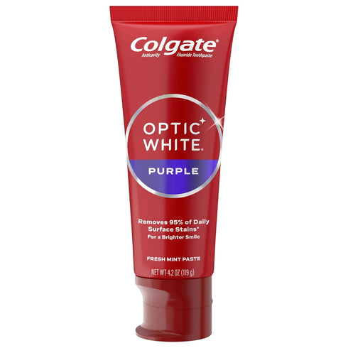 Colgate Optic White Purple Toothpaste for Whitening, Fluoride, Removes Surface Stains, Mint, 3 Pack, 4.2 oz