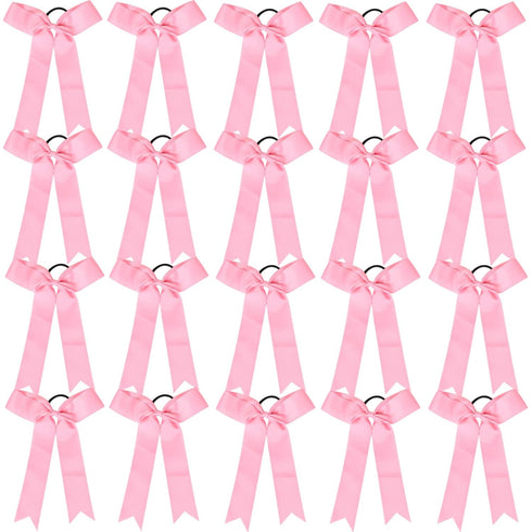 Hipcheer 20 Pcs Collegiate Style Cheer Bows for Girls, Handmade Long Tail Skinny Ponytail Holders for Sports (Pink)