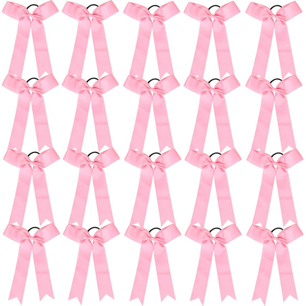 Hipcheer 20 Pcs Collegiate Style Cheer Bows for Girls, Handmade Long Tail Skinny Ponytail Holders for Sports (Pink)