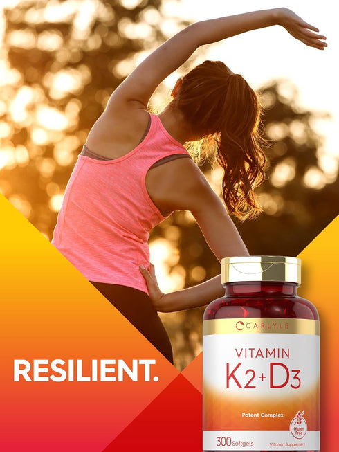 Carlyle Vitamin K2 and D3 Supplement - 300 Softgels, 200mcg K2 MK7 & 250mcg D3, Non-GMO, Gluten Free
