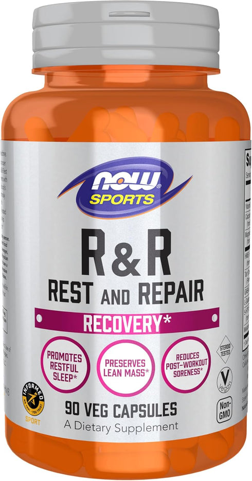 NOW Foods R&R Rest and Repair Sports Nutrition, Promotes Restful Sleep*, Preserves Lean Mass, Vegan, 90 Veg Capsules