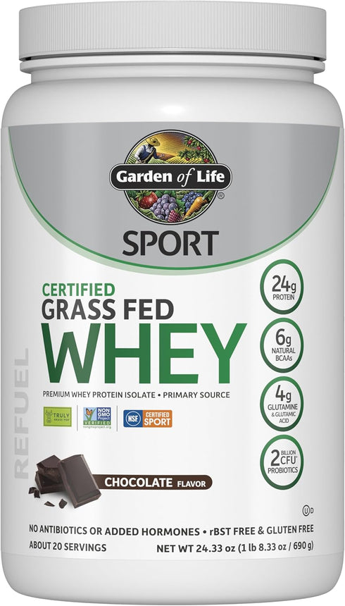 Garden of Life Sport Whey Protein Powder - Chocolate, Premium Grass Fed Whey Protein Isolate, 24g Protein, 20 Servings