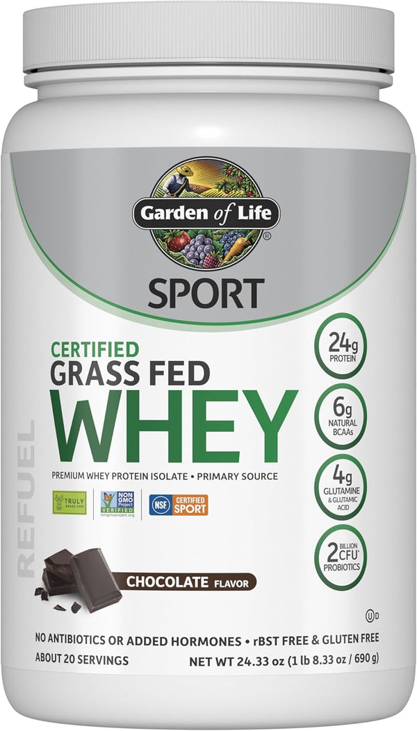 Garden of Life Sport Whey Protein Powder - Chocolate, Premium Grass Fed Whey Protein Isolate, 24g Protein, 20 Servings