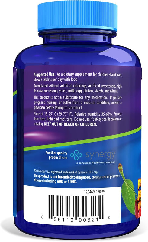 Focus Factor Kids Extra Strength Daily Chewable, 120 Count - Brain Health Support, Gluten & Dairy Free, No Artificial