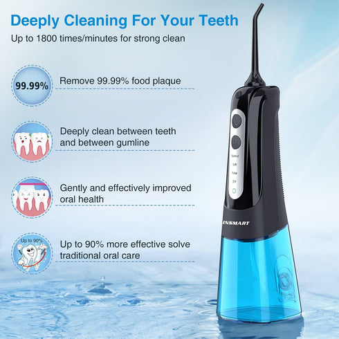 Cordless Water Dental Flosser Teeth Cleaner, INSMART 300ML Tank USB Rechargeable Oral Irrigator for Home & Travel, Blue