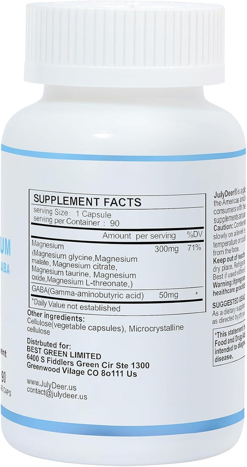 JulyDeer Sixfold Magnesium Complex | 350mg of Magnesium Glycinate, Malate, Citrate, Taurine, Oxide, L-threonate for Muscles,Nerves,& Energy, GABA Sleep Support | High Absorption | Vegan | 90 Capsules