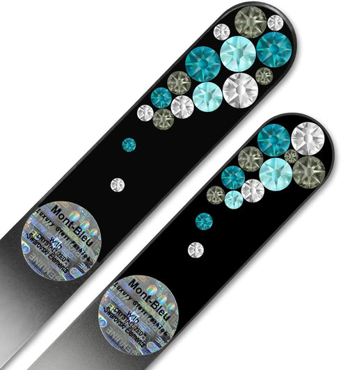 Mont Bleu Set of 2 Glass Nail Files, Hand Decorated with Crystals, Black Velvet Sleeve, Genuine Czech Glass