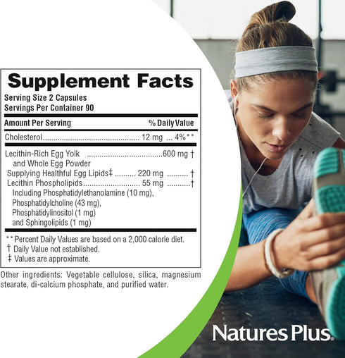 NaturesPlus Egg Yolk Lecithin - 600 mg, 180 Capsules - Gluten Free, Soy Free - 90 Servings
