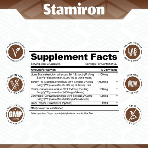 Stamiron Lions Mane Supplement with Turkey Tail & Cordyceps Extract, 90 Count