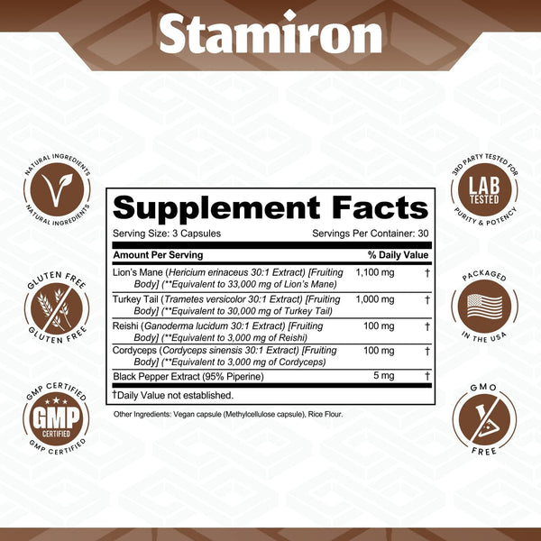 Stamiron Lions Mane Supplement with Turkey Tail & Cordyceps Extract, 90 Count